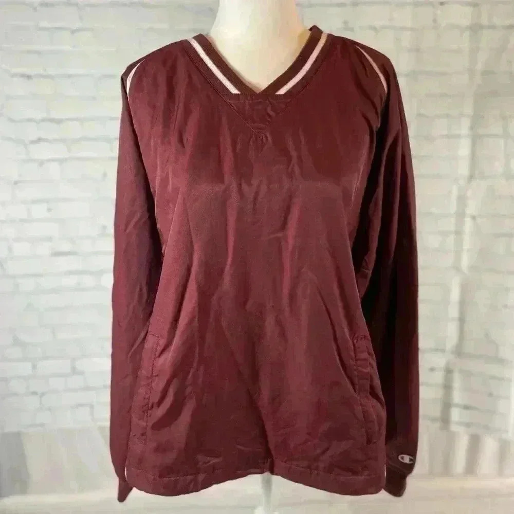 Champion Vintage 90s Adult M Pullover V-Neck Windbreaker Lined Jacket Maroon red